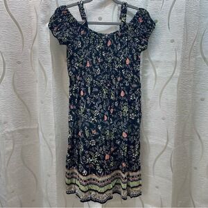 Unbranded Floral Smocked Cold Shoulder Dress Medium Navy Boho G25VDRE00010